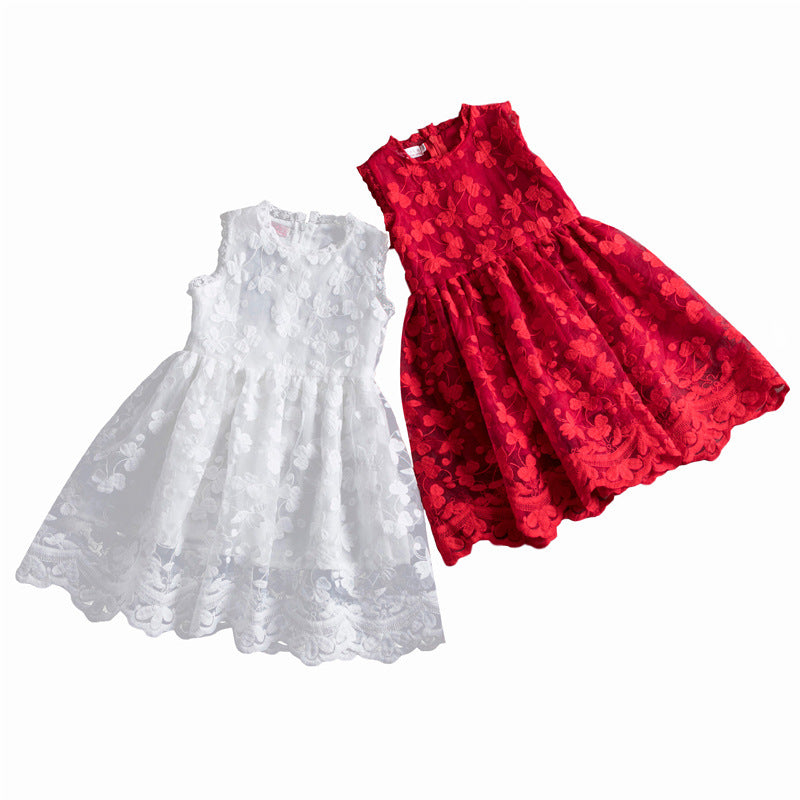 Girls' Sleeveless Lace Overlay Dress | Floral Scallop-Hem Party Dress in White or Red