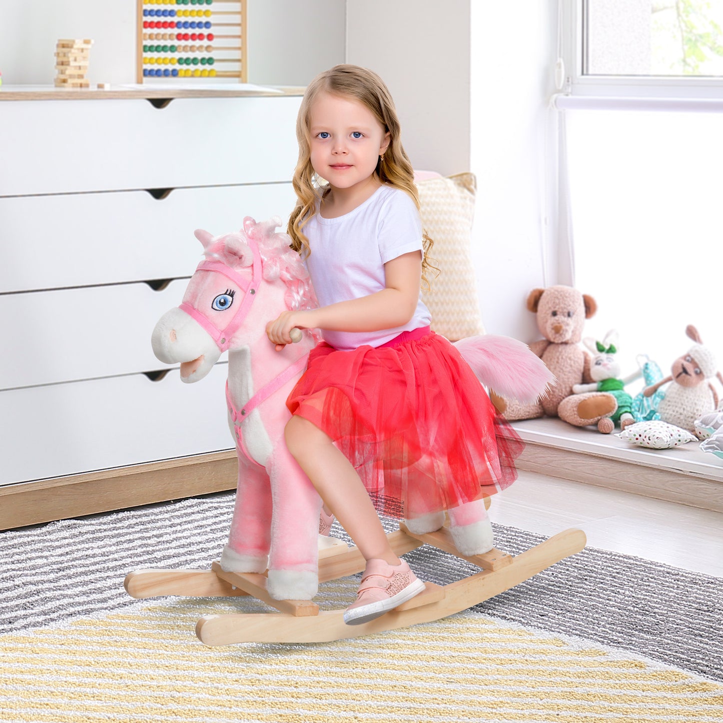 Pink Plush Rocking Horse – Realistic Sounds & Swinging Tail for Kids 3+