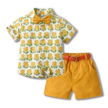Toddler & Little Boys' Floral Button-Down Shirt & Shorts Set with Bow Tie and Belt – Sizes 3 Months–6 Years