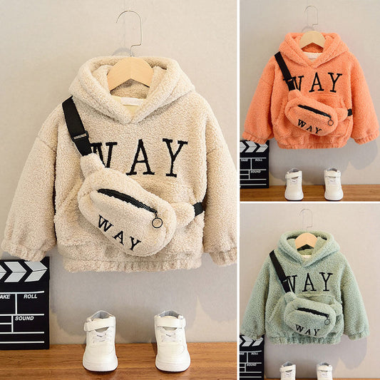 “WAY” Cozy Fleece Hoodie Set for Kids – Plush Hooded Sweatshirt with Matching Crossbody Bag
