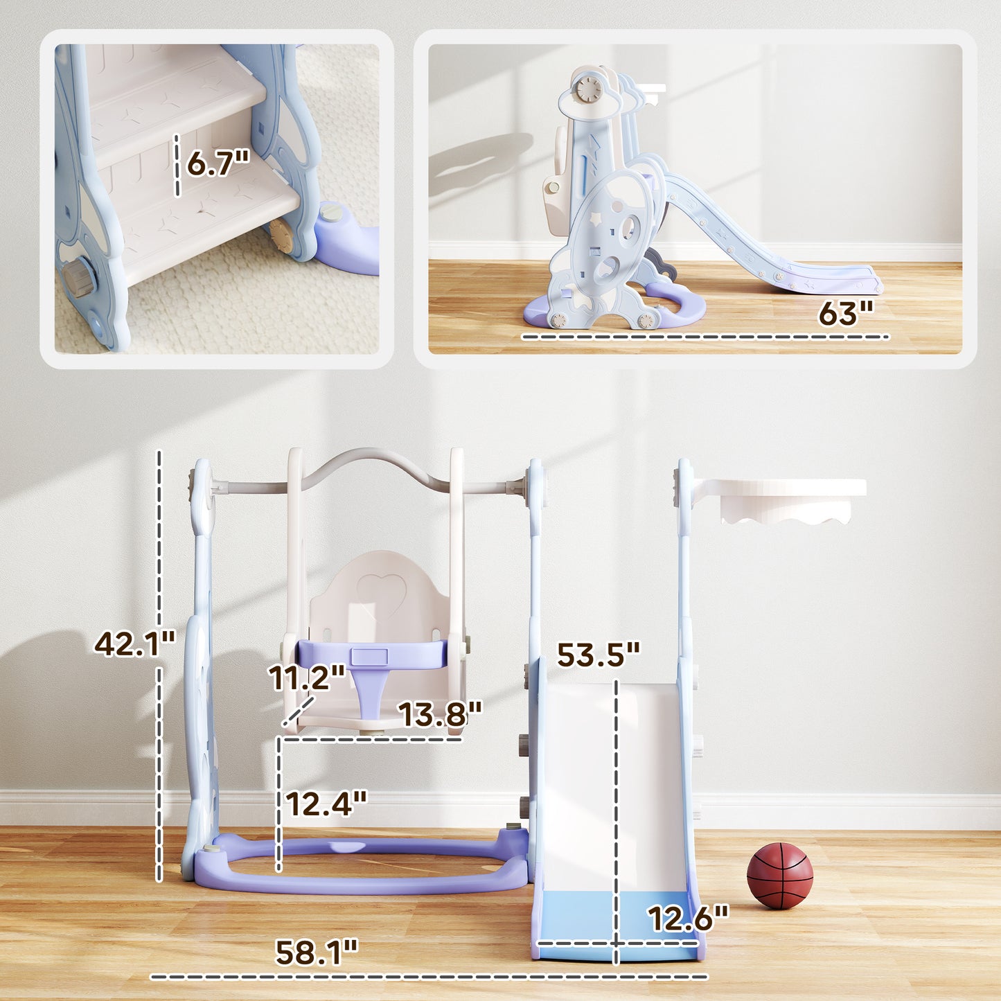 4-in-1 Toddler Slide & Swing Set with Climber and Basketball Hoop – Light Blue, Ages 1.5-4