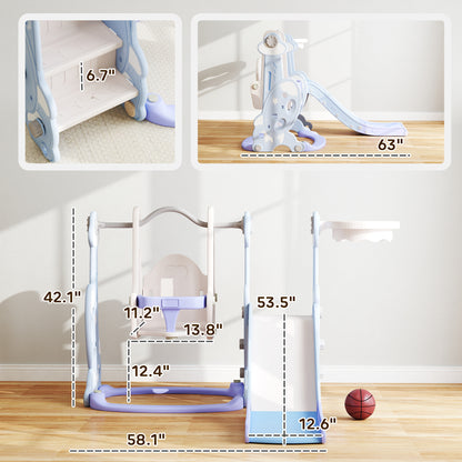 4-in-1 Toddler Slide & Swing Set with Climber and Basketball Hoop – Light Blue, Ages 1.5-4