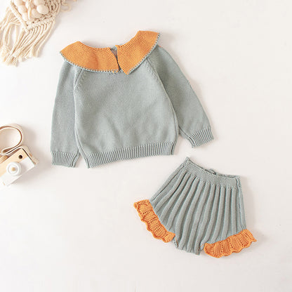 Baby Girl Knitted Outfit Set – Embroidered Top with Lotus Leaf Collar & Ruffle Shorts