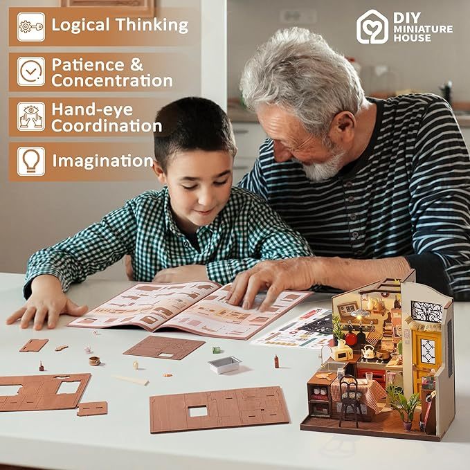 ROBOTIME Rolife Happy Kitchen Miniature Dollhouse Kit – DIY Wooden Room with LED Light (DG159)