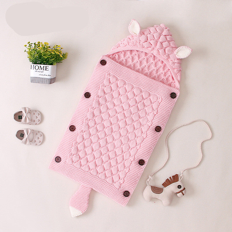 Fox Knit Baby Swaddle Blanket with Hood & Ears – Cozy Pram Sleeping Bag (0–12 Months)