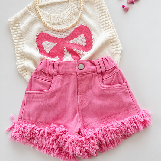 Fringe Hem High-Waisted Denim Shorts for Girls