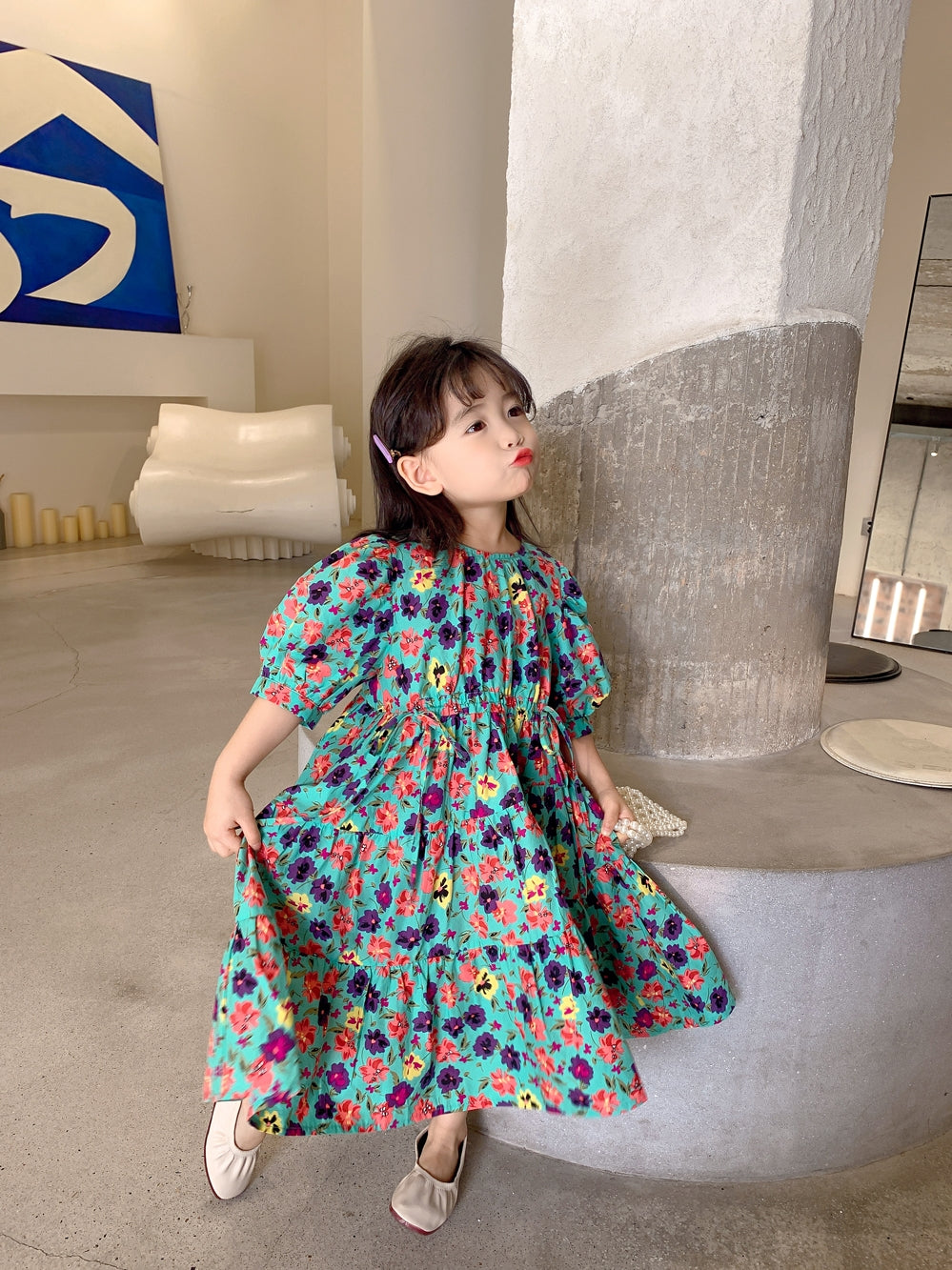 Girls' Teal Wildflower Puff-Sleeve Tiered Maxi Dress