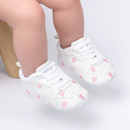Star & Heart Embroidered White Leather Baby Sneakers | Soft-Sole Pre-Walker Crib Shoes