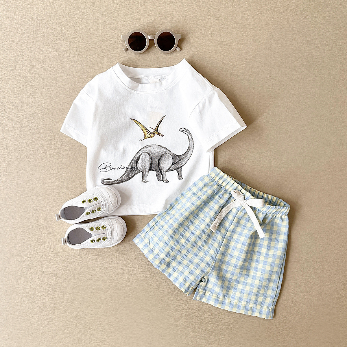 Toddler Boys' Dinosaur Graphic Tee & Gingham Shorts Set – Illustrated Dino Print, Sizes 6 Months–3 Years
