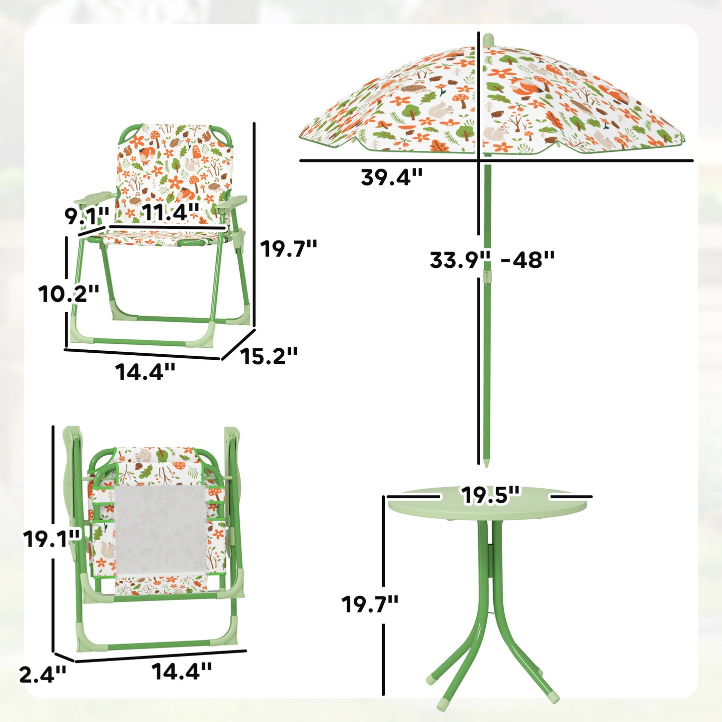 Kids Picnic Table & Chair Set with Umbrella – Outdoor Activity Table, Foldable, Green