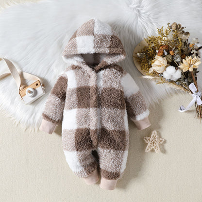Baby Hooded Plush Plaid Jumpsuit (Thick & Cozy) – Black or Khaki