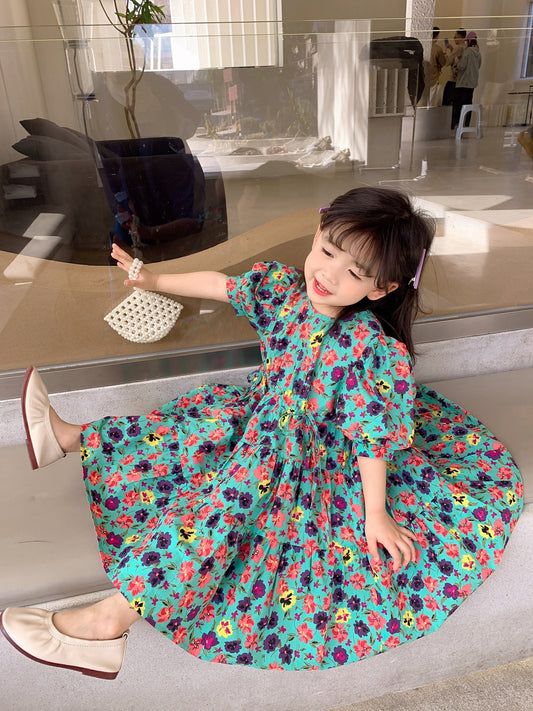 Girls' Teal Wildflower Puff-Sleeve Tiered Maxi Dress