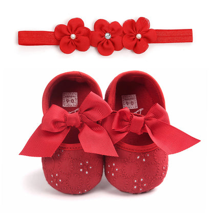 Baby Princess Shoes with Matching Headband – Soft Sole, Bow Detail (0–12 Months)