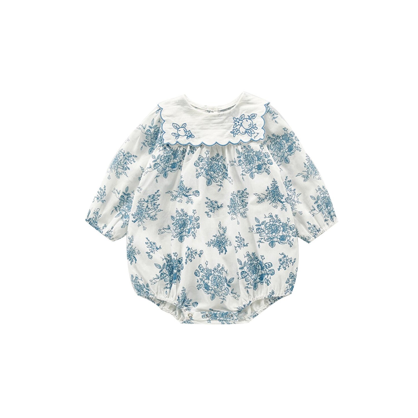 Blue & White Toile Floral Romper with Scallop Collar – Baby Girl