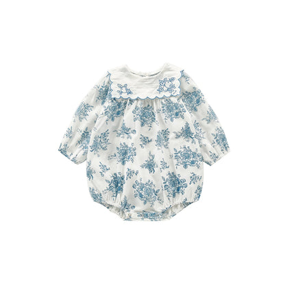 Blue & White Toile Floral Romper with Scallop Collar – Baby Girl