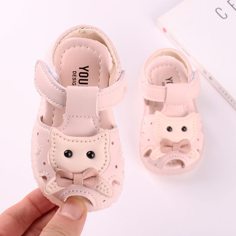 Kitty Face Bow Soft-Sole Baby Girl Sandals | Closed-Toe Cutout Style in Pink & White