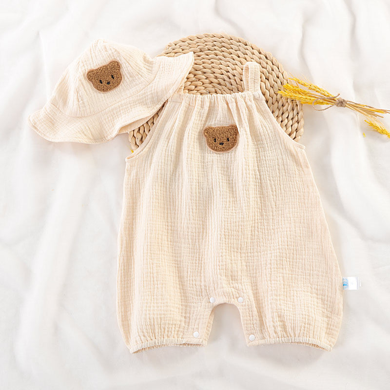 Sleeveless Cotton Gauze Baby Romper Set with Hat – Lightweight Summer Crawling Suit