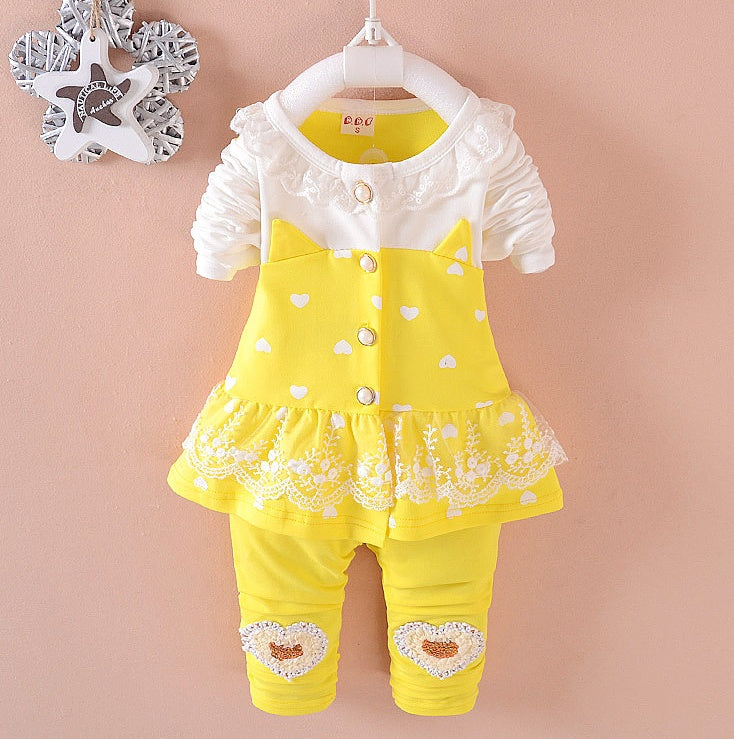 Sweet Lace Baby Girl Outfit Set – Cotton Top & Pants 2-Piece Set for Toddlers