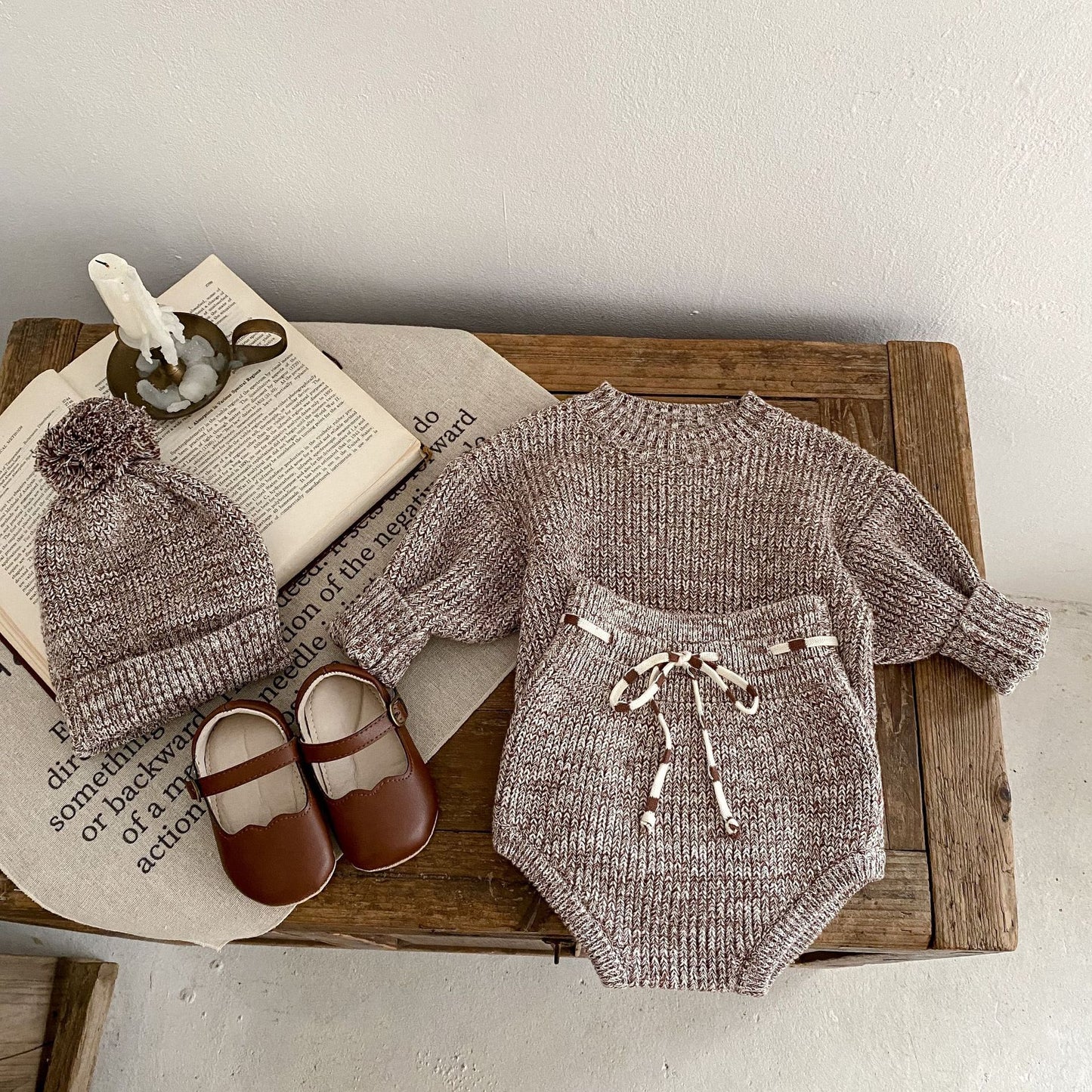 Baby Knit Sweater & Bloomer Set with Pom Hat – Cozy 3-Piece Outfit for Infants (Spring & Fall)