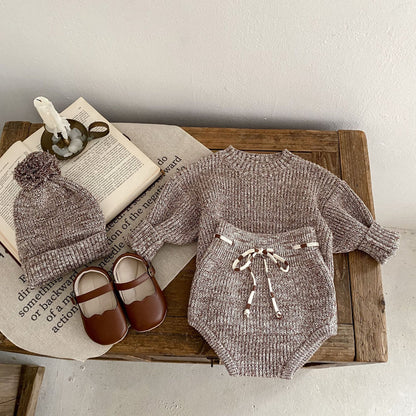 Baby Knit Sweater & Bloomer Set with Pom Hat – Cozy 3-Piece Outfit for Infants (Spring & Fall)