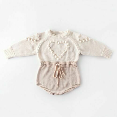 Baby Girl Knitted Heart Sweater Romper – Long Sleeve Cotton Bodysuit
