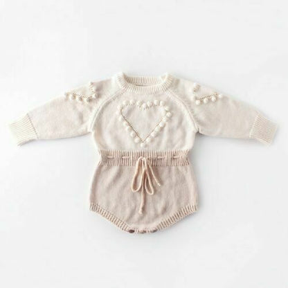 Baby Girl Knitted Heart Sweater Romper – Long Sleeve Cotton Bodysuit