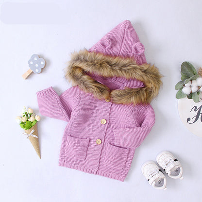 Bear-Ear Hooded Knit Cardigan Coat