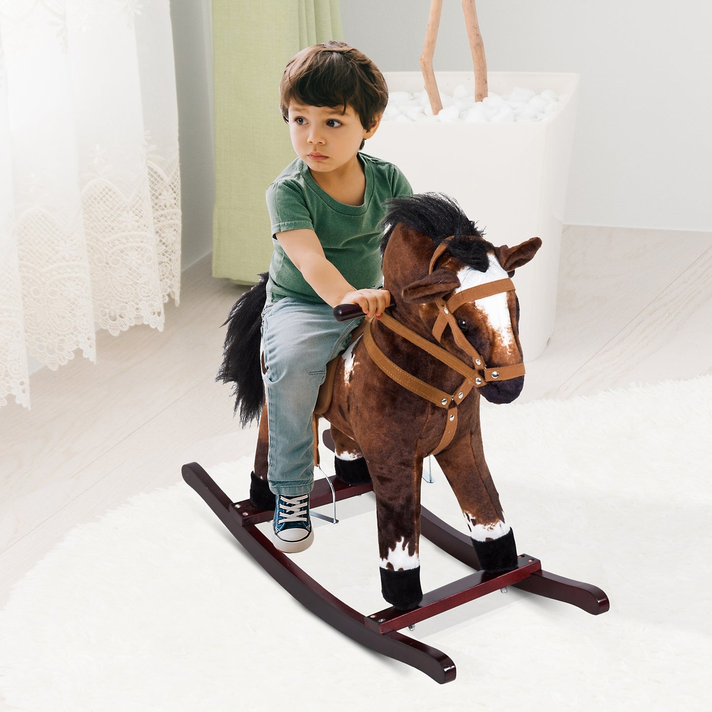 Rocking Horse Plush Ride-On Toy with Nursery Rhyme Music – 18-36 Months, Light Brown/White