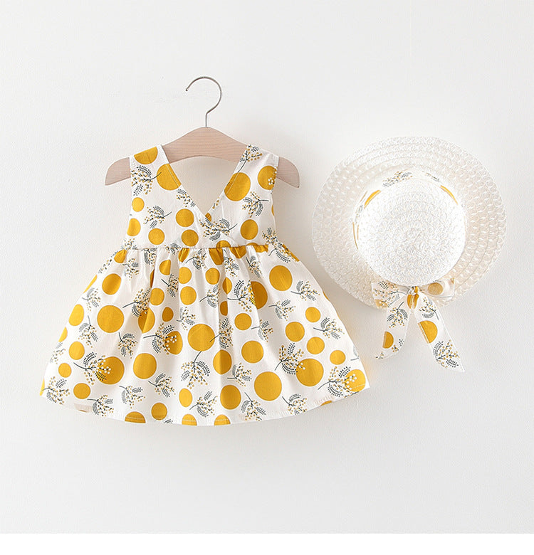 Baby Girl Polka Dot & Floral Print Sleeveless Dress with Sun Hat – Bow Back, Sizes 6 Months–4 Years