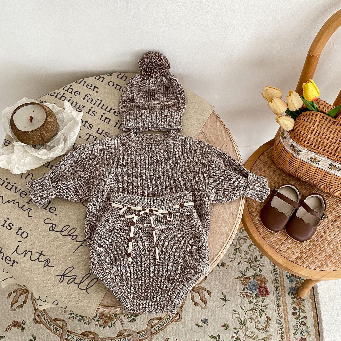 Baby Knit Sweater & Bloomer Set with Pom Hat – Cozy 3-Piece Outfit for Infants (Spring & Fall)