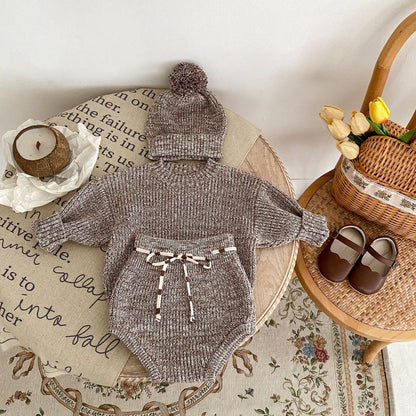 Baby Knit Sweater & Bloomer Set with Pom Hat – Cozy 3-Piece Outfit for Infants (Spring & Fall)