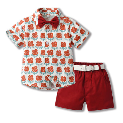 Toddler & Little Boys' Floral Button-Down Shirt & Shorts Set with Bow Tie and Belt – Sizes 3 Months–6 Years
