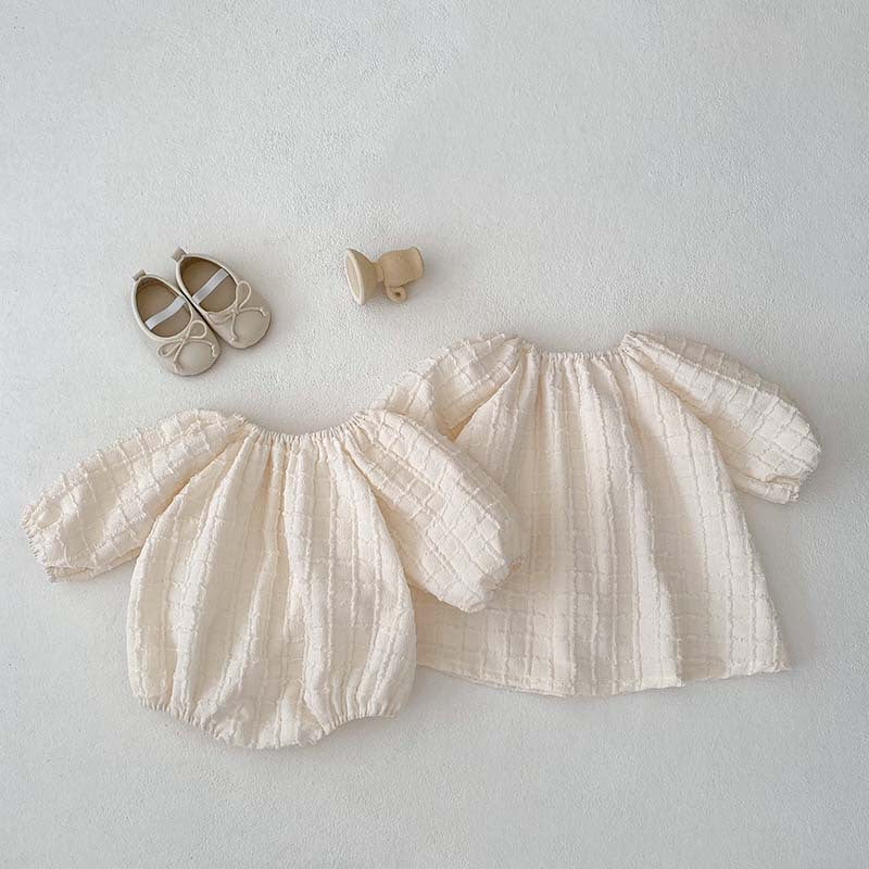 Girls' Textured Puff-Sleeve Romper & Dress Set – Soft Cotton Plaid for Babies & Toddlers