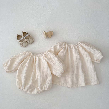 Girls' Textured Puff-Sleeve Romper & Dress Set – Soft Cotton Plaid for Babies & Toddlers