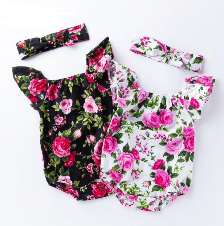 Floral Flutter Sleeve Baby Romper with Headband