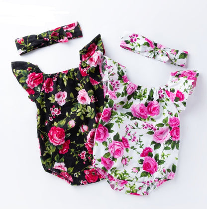 Floral Flutter Sleeve Baby Romper with Headband