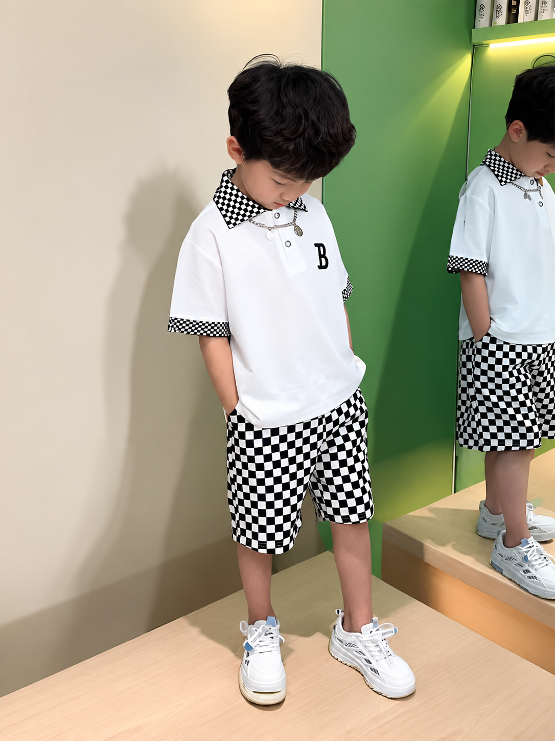 Checkerboard Polo Shirt & Shorts Set for Boys