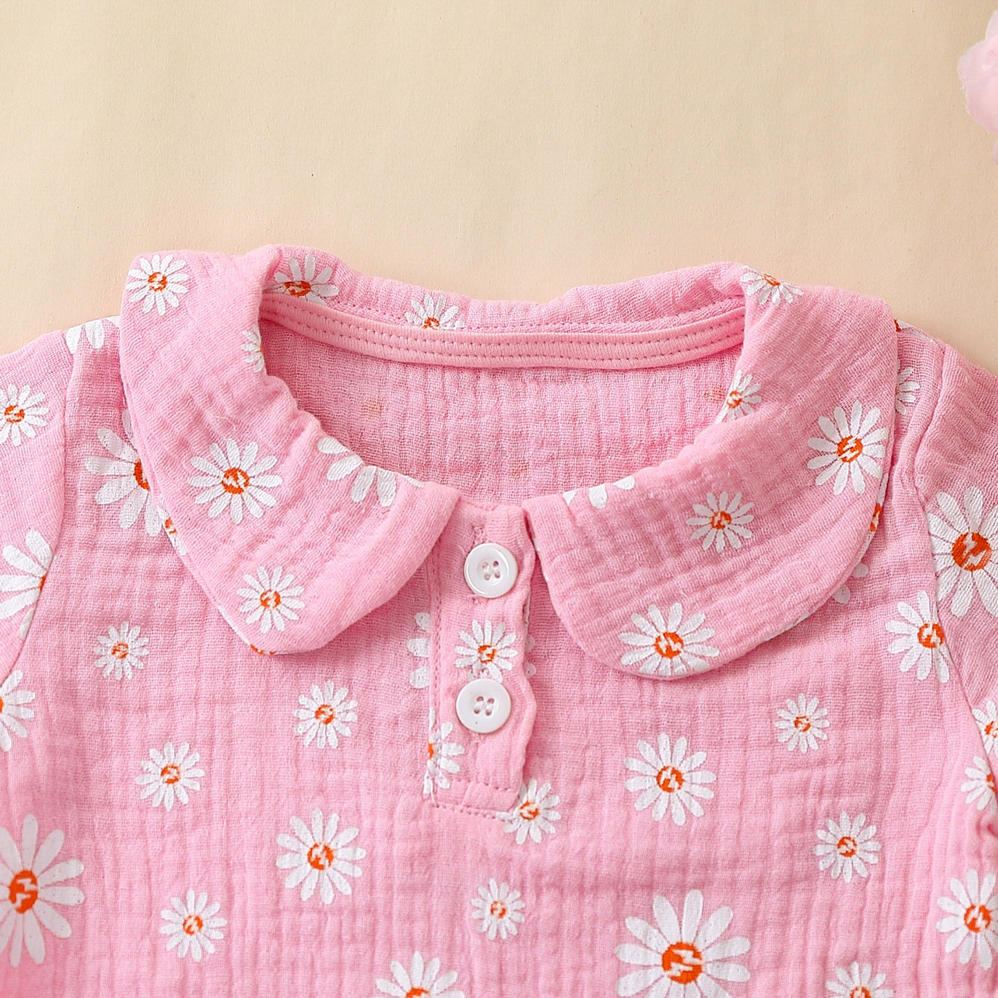 Baby Girl Daisy Print Muslin Two-Piece Set – Peter Pan Collar Top & Bloomer Shorts (6 Months–3 Years)
