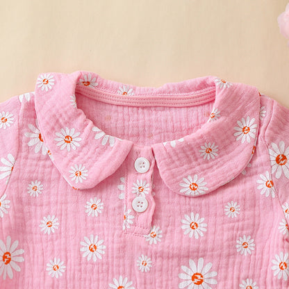 Baby Girl Daisy Print Muslin Two-Piece Set – Peter Pan Collar Top & Bloomer Shorts (6 Months–3 Years)