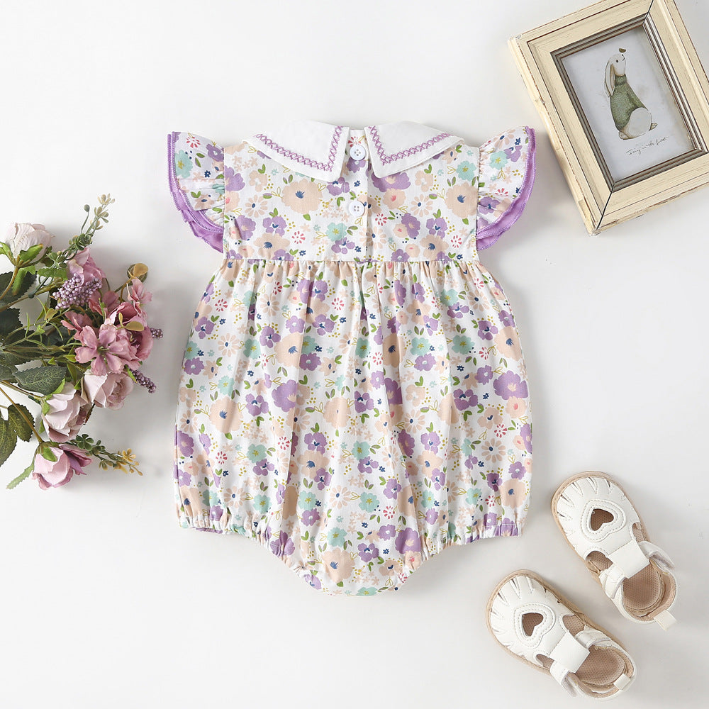 Embroidered Sailor Collar Flutter Romper – Baby Girl Floral & Polka Dot Summer Bubble Suit