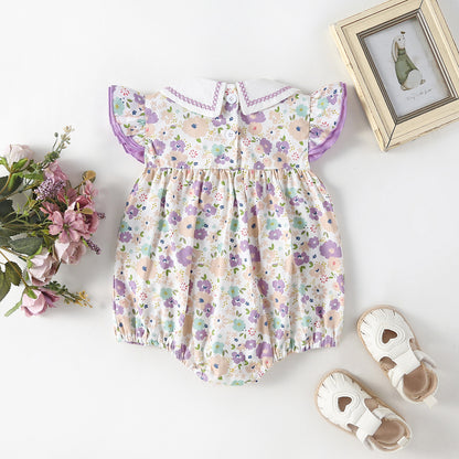Embroidered Sailor Collar Flutter Romper – Baby Girl Floral & Polka Dot Summer Bubble Suit