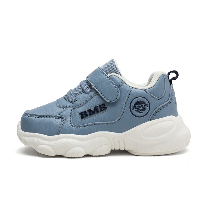 Chunky-Sole PU Leather Kids Sneakers with Velcro Strap | Casual Athletic Shoes in Caramel, Pink & Blue