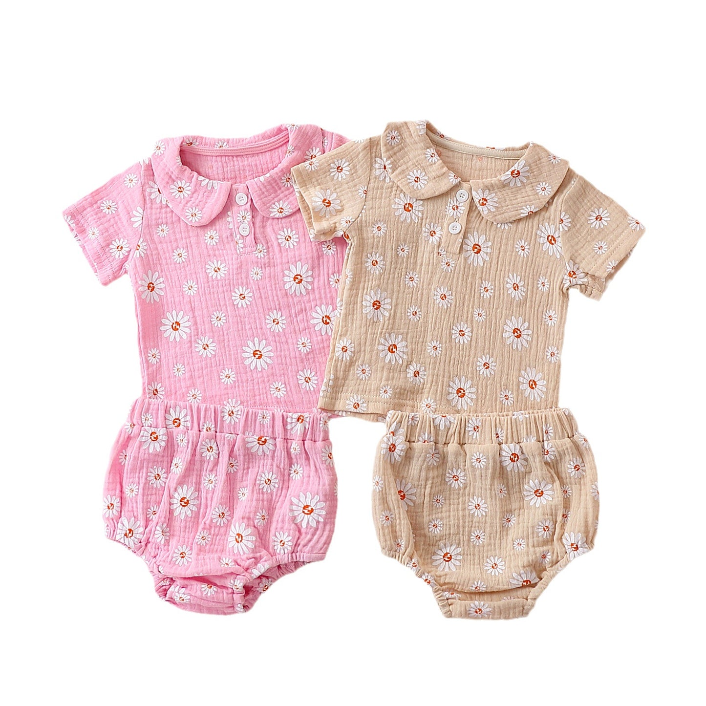 Baby Girl Daisy Print Muslin Two-Piece Set – Peter Pan Collar Top & Bloomer Shorts (6 Months–3 Years)
