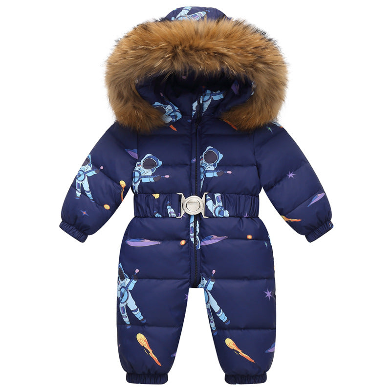 Girls’ Hooded Faux-Fur Snowsuit – Puffer-Style One-Piece Winter Jumpsuit with Belt