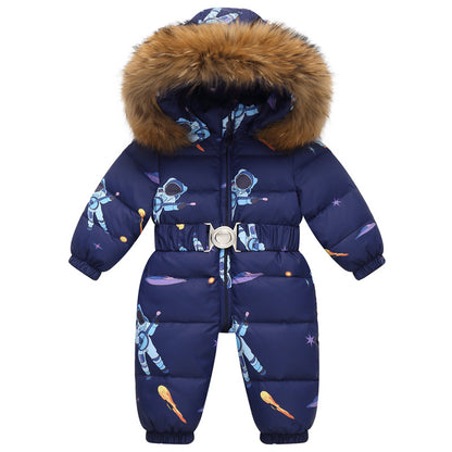 Girls’ Hooded Faux-Fur Snowsuit – Puffer-Style One-Piece Winter Jumpsuit with Belt