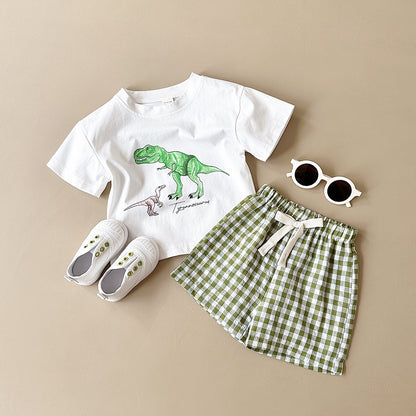 Toddler Boys' Dinosaur Graphic Tee & Gingham Shorts Set – Illustrated Dino Print, Sizes 6 Months–3 Years