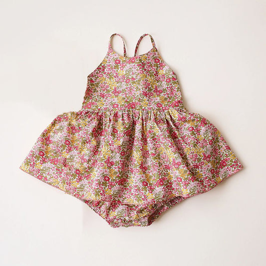 Ditsy Floral & Eyelet Dress-Romper for Baby Girls – Spaghetti Strap Summer Bubble Dress