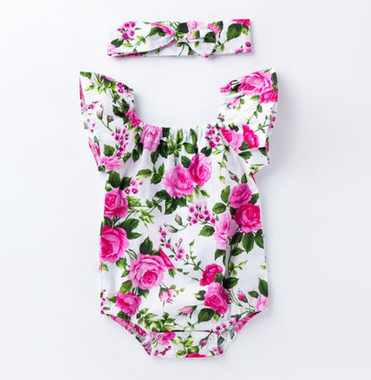 Floral Flutter Sleeve Baby Romper with Headband