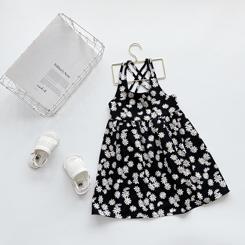 Girls' Black Daisy Print Cross-Back Sundress