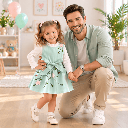 Baby Girl's 3D Flower Pinafore & White Top Set | Khaki or Pink Embroidered Floral 2-Piece